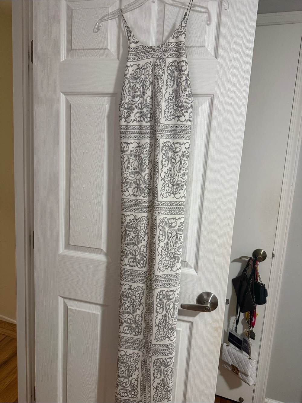 White Maxi Slip Dress with Gray/Black paisley Tile Print